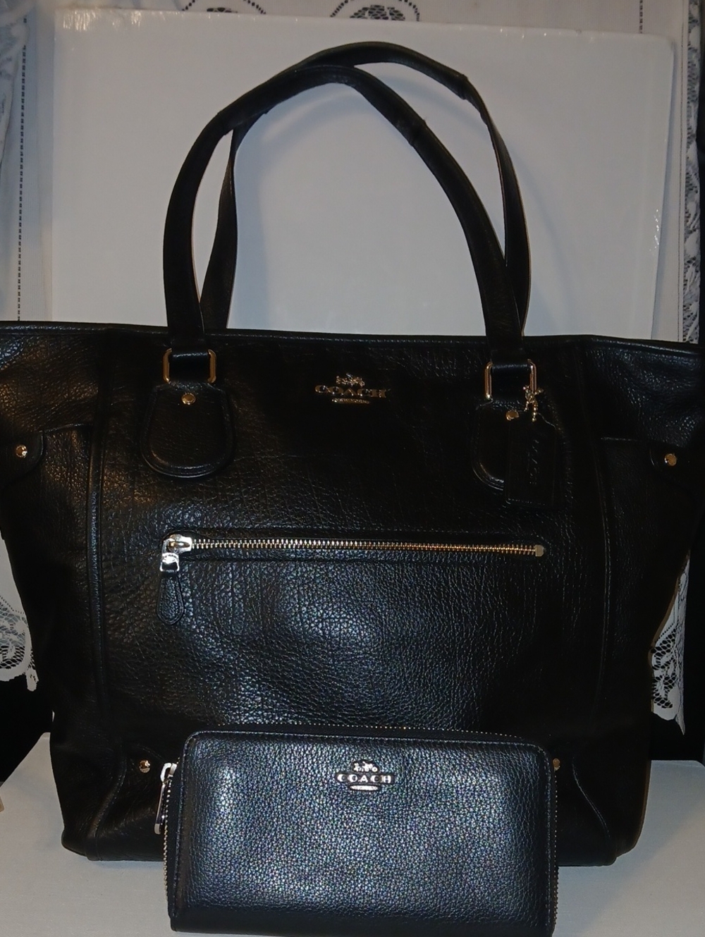 Coach Black Pebbled Leather Tote with Matching Wallet